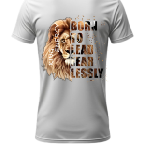 Back view of a premium white graphic cotton t-shirt featuring a "King Energy" lion face and bold typography.