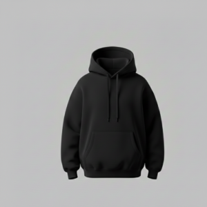 Black pullover hoodie front view with kangaroo pocket and adjustable hood, minimalist unisex casual wear design